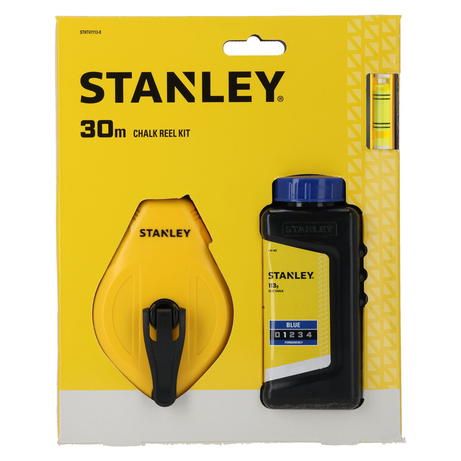 STHT47113-0 Stanley merkilína 30m plasthús með línuhallamáli og 113gr af bláu kalki